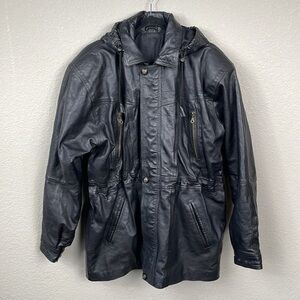 Great Seal of the State of Oklahoma Leather Hooded Jacket Cinch Waist Black